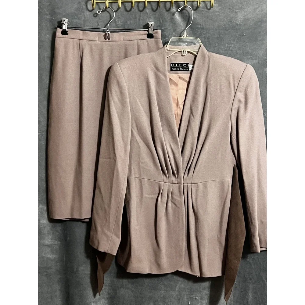 Vintage BICCI Florine Wachter Size 6 Wool Skirt Suit Belted Taupe 2pc